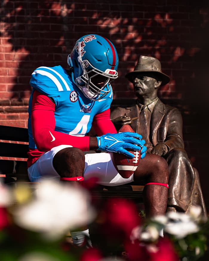 Ole Miss freshman linebacker Suntarine Perkins took on the modeling duties this week for the Rebels' uniform reveal. (Photo courtesy of Ole Miss Athletics)